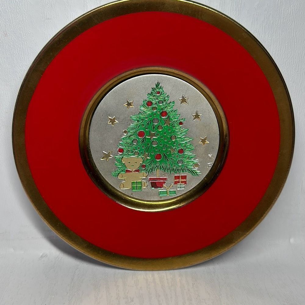 Himark Christmas Chokin 6" Vintage 1986 Red and‎ Gold Plate Japan Tree